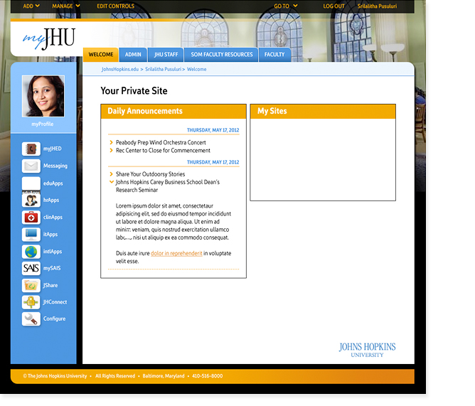 myJHU portal private welcome page